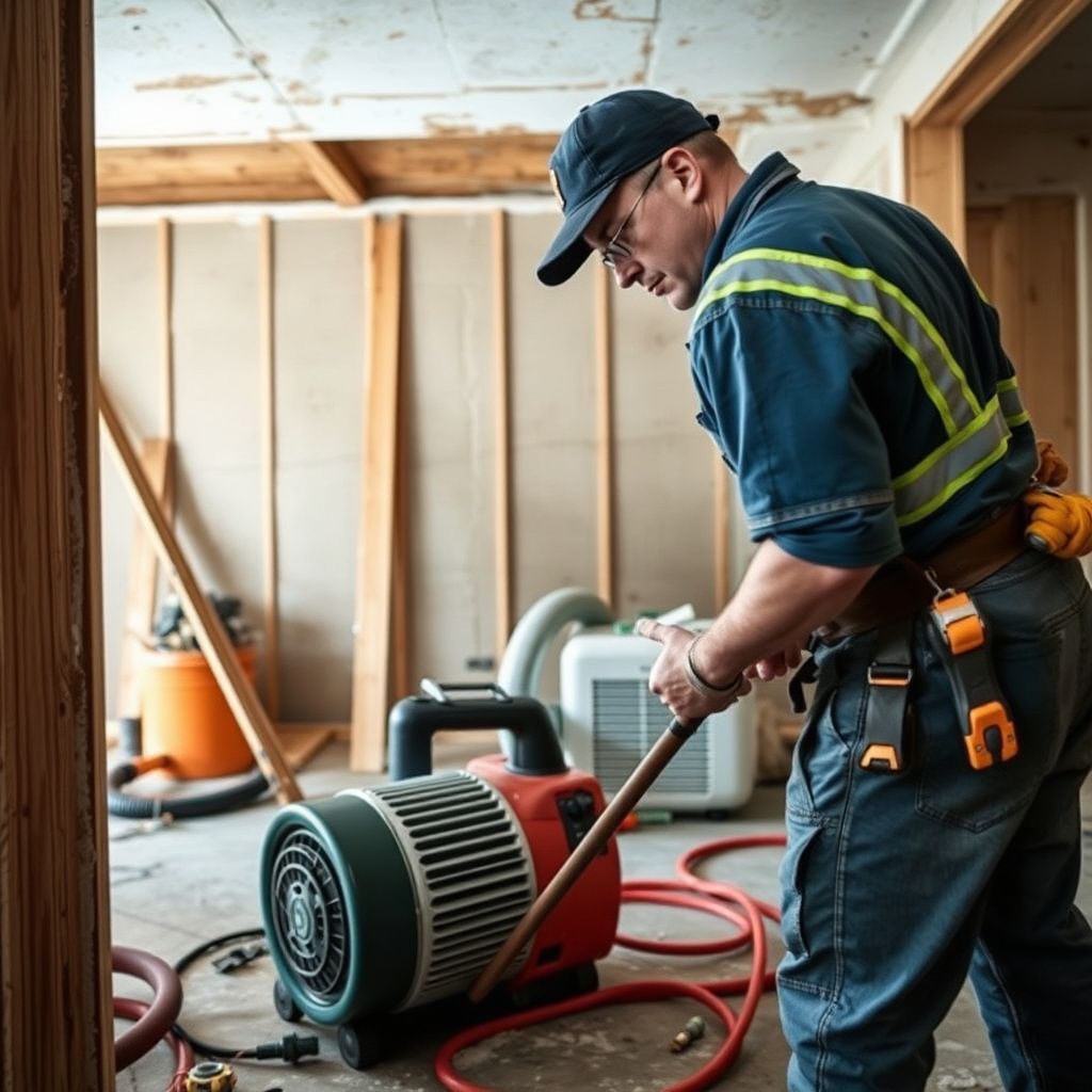 An organized array of high-velocity air movers and dehumidifiers set up in a Birchwood living room.
