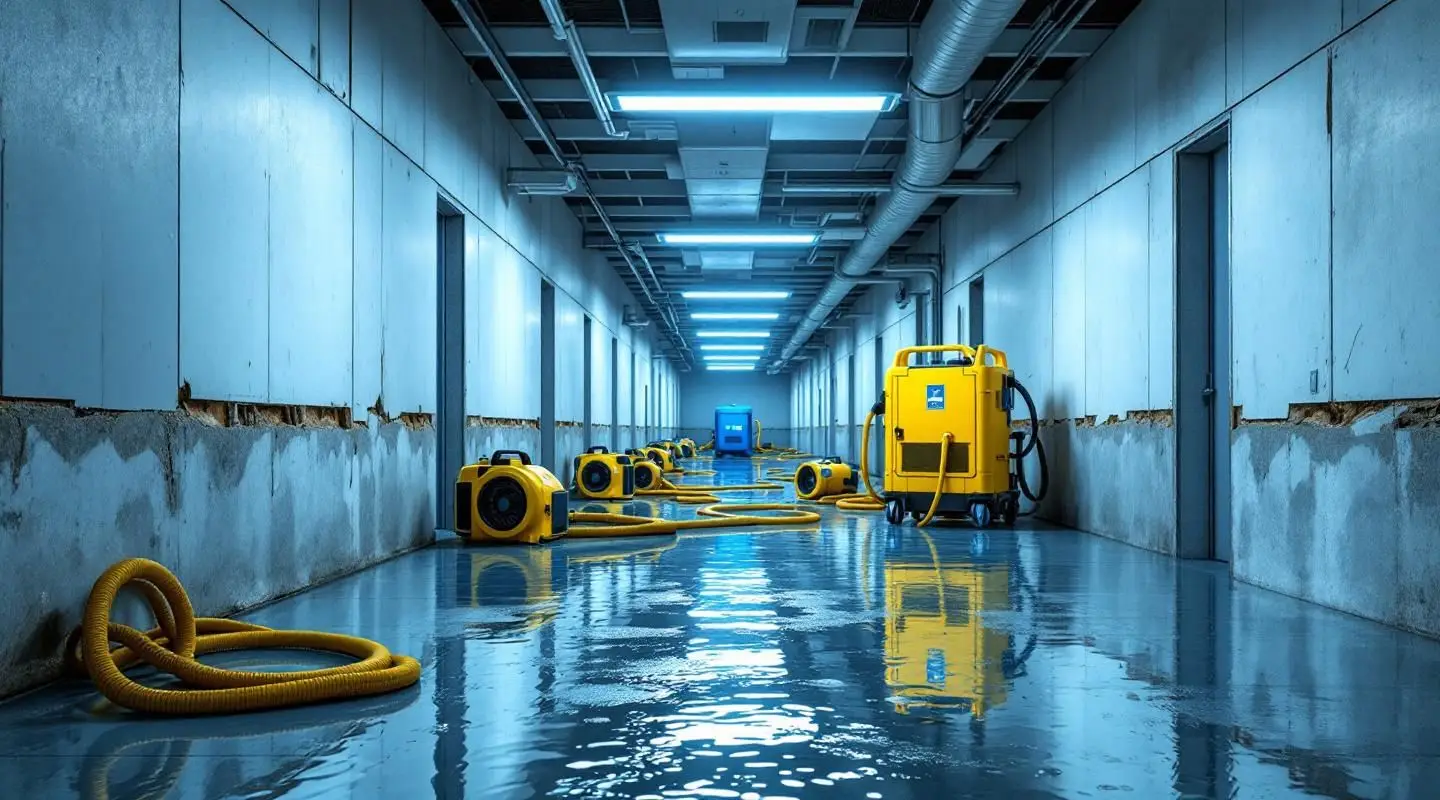 Restoration crew operating industrial drying equipment inside a large Anchorage commercial facility under cinematic lighting.