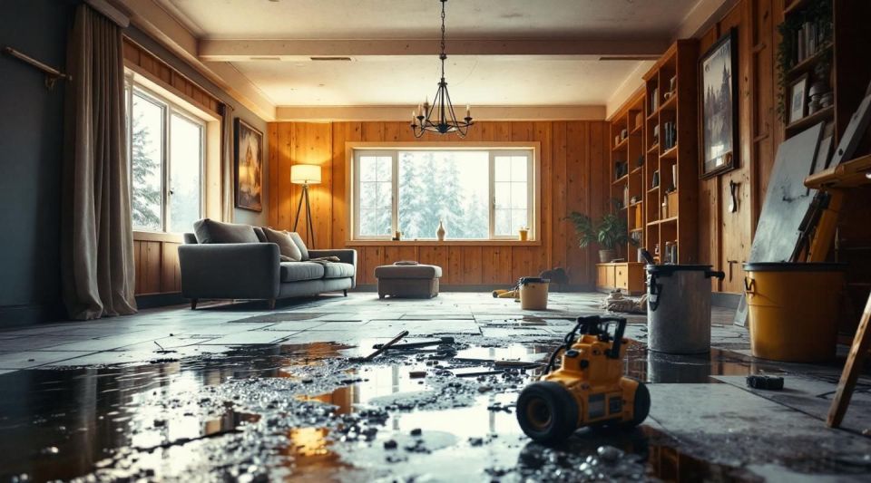 A professional restoration technician assessing water damage in a home near the snow-capped Chugach Mountains in Eklutna.