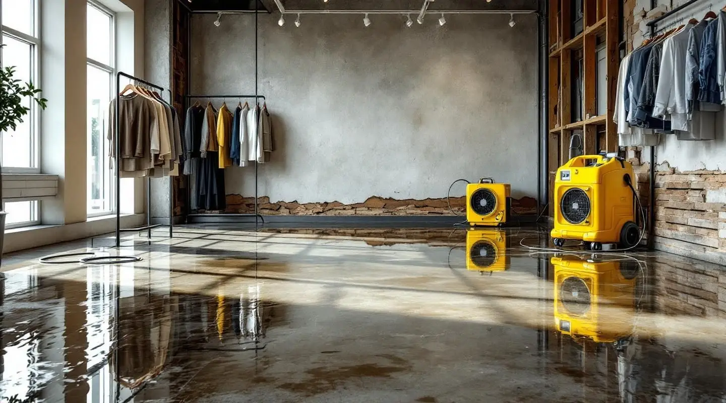 Restoration technicians using industrial water extractors on a flooded retail showroom floor in Anchorage.