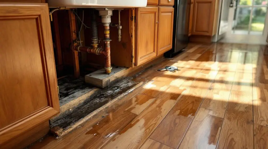 A professional technician drying water-damaged kitchen cabinets in an Anchorage home using specialized drying equipment.