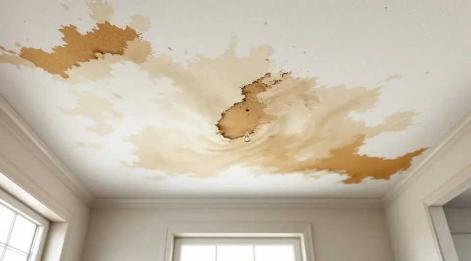 A skilled technician using a moisture meter to assess a water-stained ceiling in a residential Anchorage home.