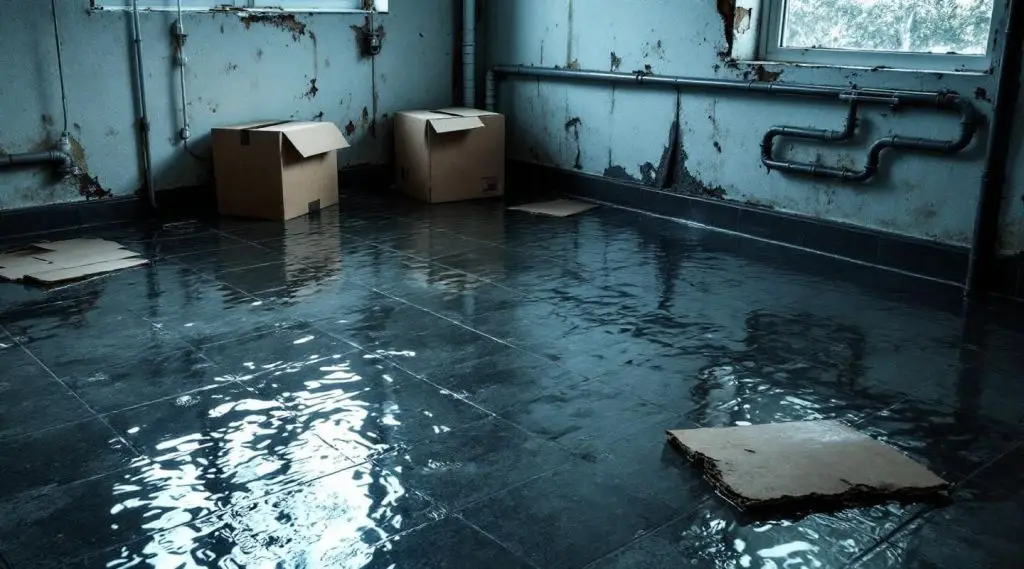 Professional restoration technician using a high-powered water extractor in a flooded Anchorage basement with focused lighting.