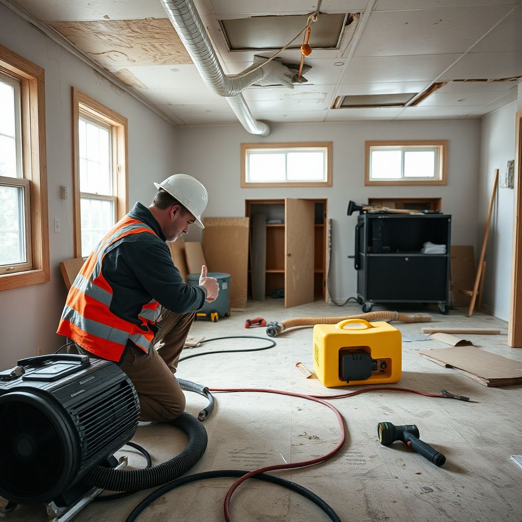 A close-up of a certified restoration technician explaining the drying process to a concerned homeowner in Chugiak.