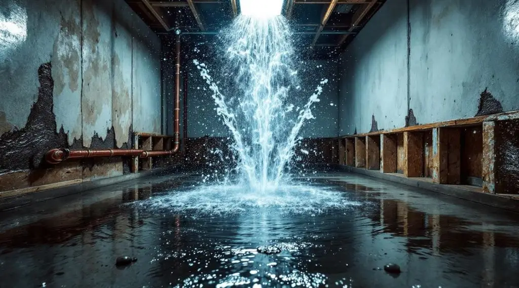 Professional technician using water extraction equipment in a flooded Anchorage home with warm, cinematic lighting.