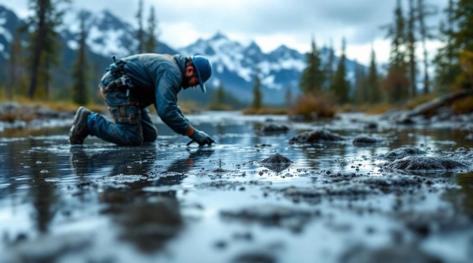 A professional restoration technician assessing water damage in a Bird Creek home overlooking the Turnagain Arm.