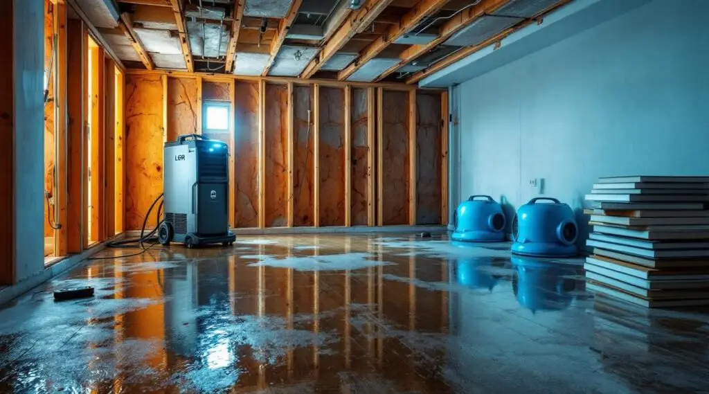 A professional technician using industrial drying equipment inside a flooded Anchorage home with cinematic lighting.