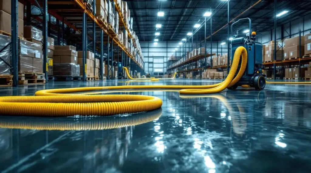 Technicians using industrial-grade extraction tools to remove standing water from a commercial warehouse floor in Anchorage.