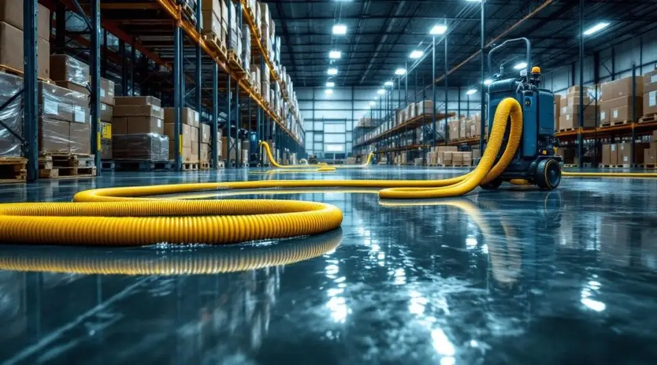 Technicians using industrial-grade extraction tools to remove standing water from a commercial warehouse floor in Anchorage.