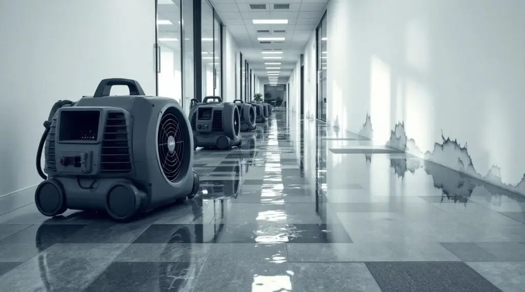 Professional restoration crew using industrial water extractors in a flooded Anchorage corporate lobby.