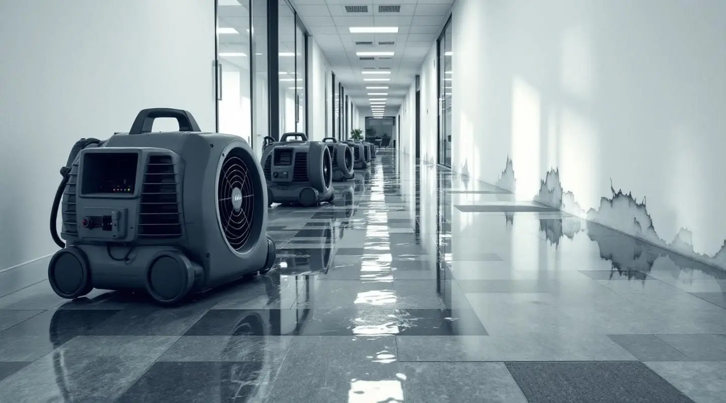 Professional restoration crew using industrial water extractors in a flooded Anchorage corporate lobby.