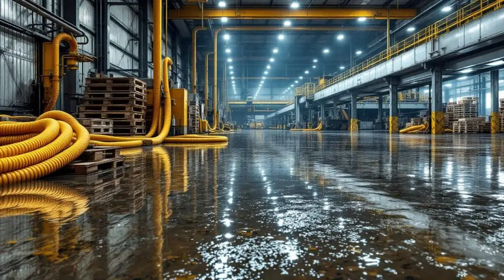 Professional restoration technicians operating industrial-grade water extraction equipment in a large Anchorage warehouse facility.