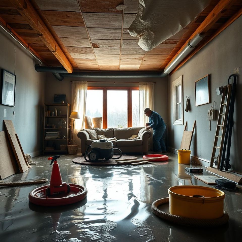 A professional restoration technician extracting water from a flooded living room in a Peters Creek home near Mirror Lake.