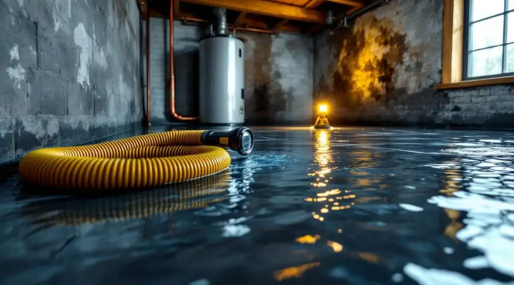 Professional technician using industrial water extraction equipment in an Anchorage home with warm cinematic lighting.