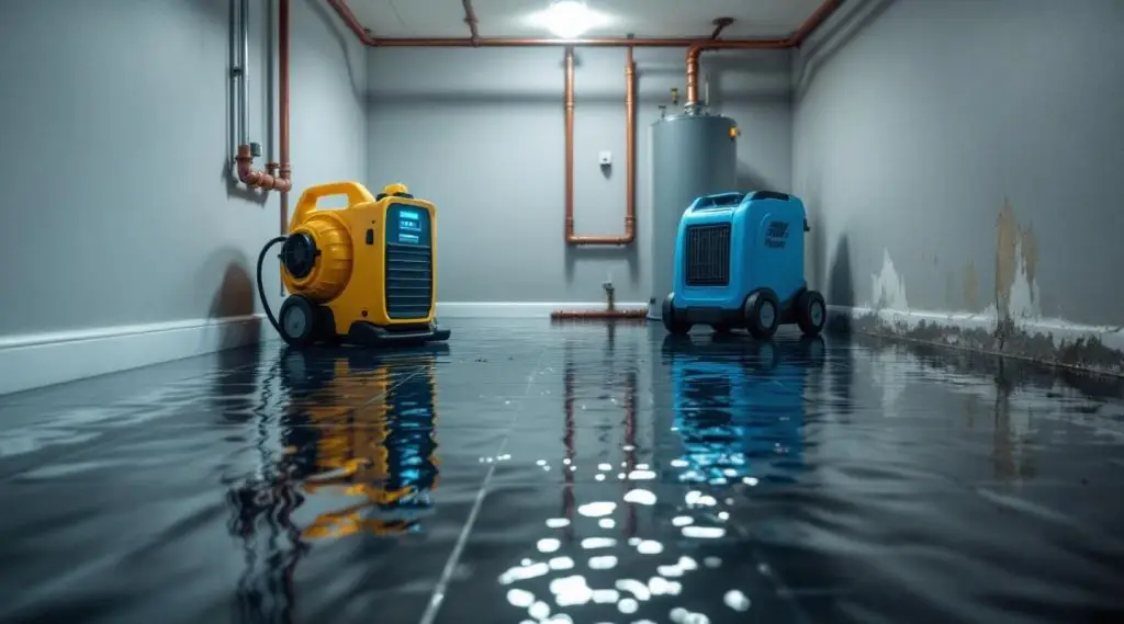 Professional restoration technician using industrial water extraction equipment in a residential Anchorage basement.
